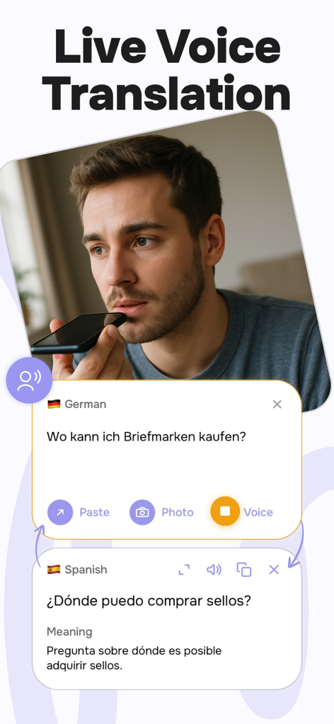 A man using the Ave app for live voice translation from German to Spanish