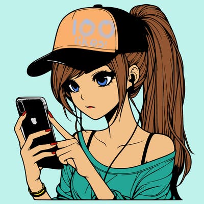 realistic girl with a long ponytail and trucker hat holding an iphone