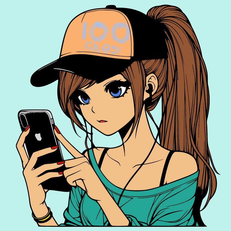 realistic girl with a long ponytail and trucker hat holding an iphone