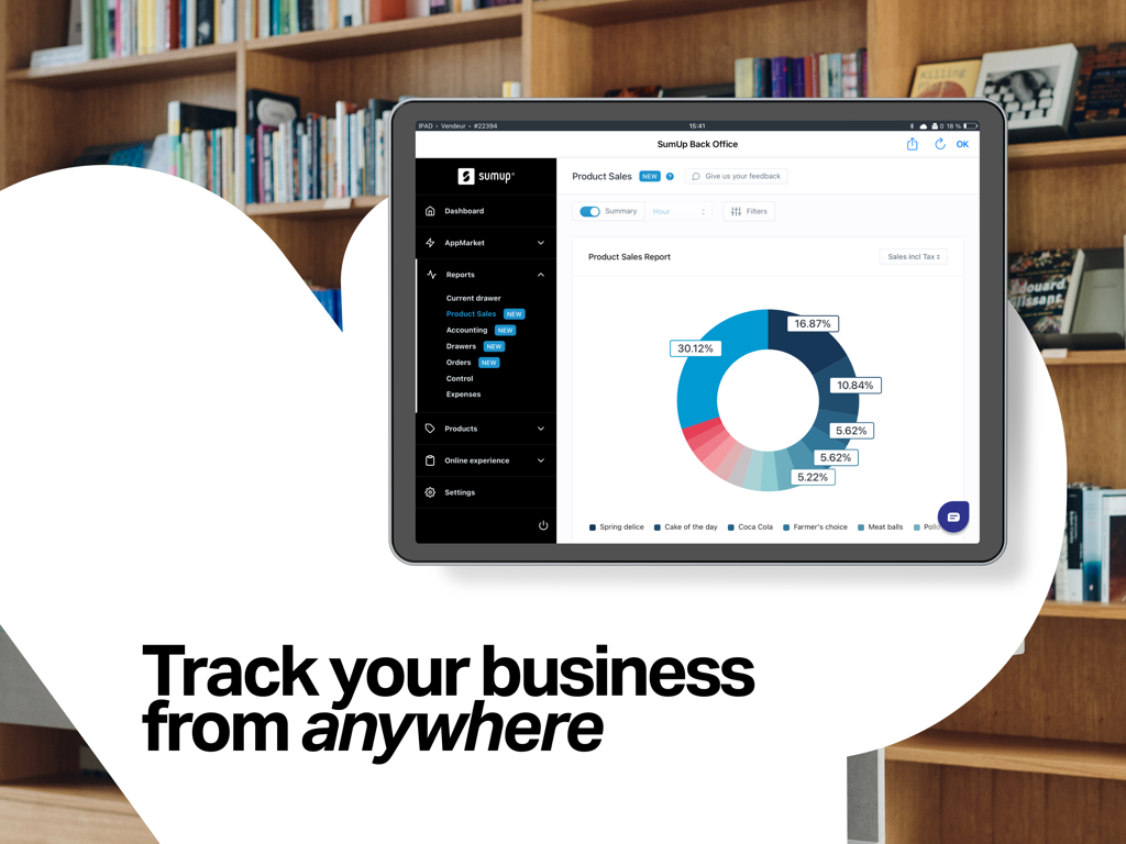 SumUp POS - Panel de control de SumUp POS back office mostrando un gráfico de donut de ventas de productos en un iPad