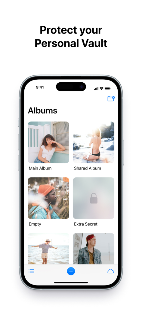 Keepsafe app interface showing organized photo albums and a protected personal vault on an iPhone.