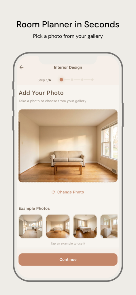 Archify: AI Home Design - Interface de l'application Archify montrant l'écran de téléchargement de photo du planificateur de pièce pour la conception intérieure