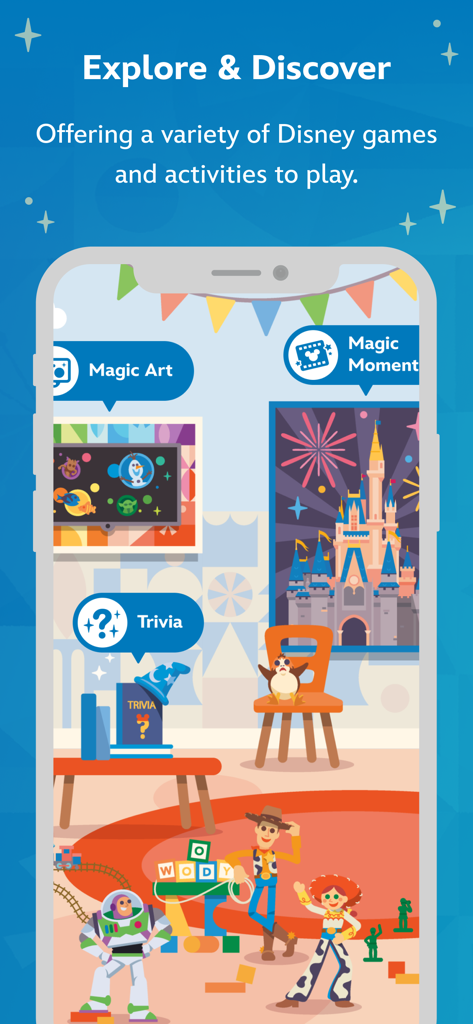 Disney Team of Heroes - Screenshot of the Disney Team of Heroes app showing interactive game options like Magic Art and Trivia with characters from Toy Story and Frozen.
