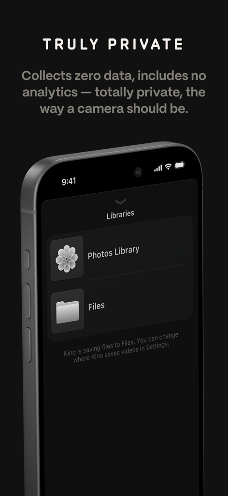 Kino - Pro Video Camera - Kino app screen showing privacy policy and file library storage options