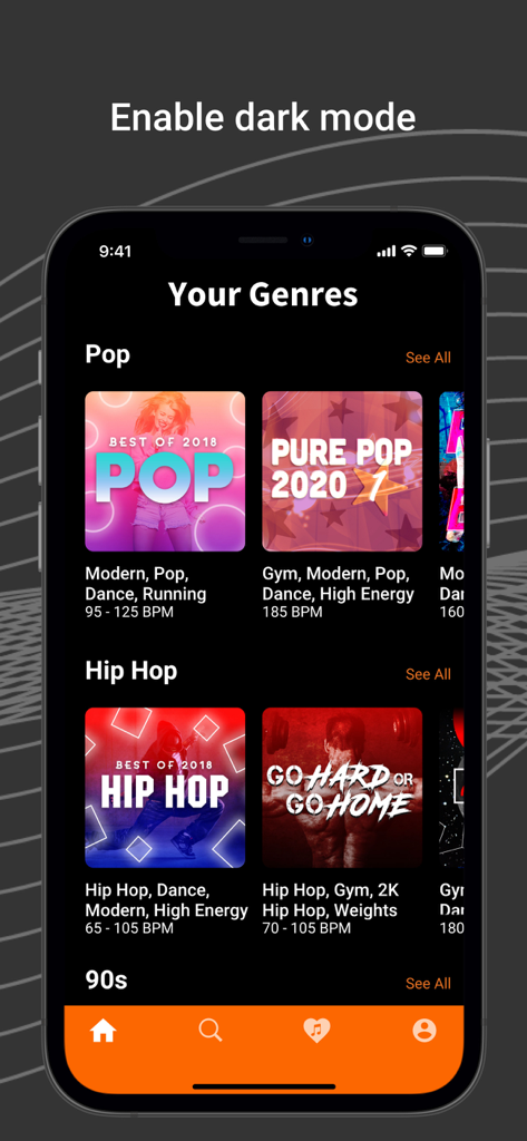 RockMyRun - Workout Music - RockMyRun app interface showing curated music genres like Pop and Hip Hop with specific BPM ranges for training