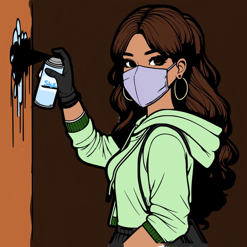 realistic girl with mask spray painting a wall