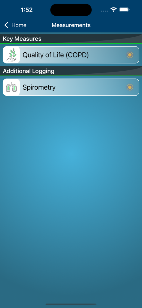 Interfaz de la aplicación COPD Manager que muestra la pantalla de Mediciones con opciones para rastrear la Calidad de Vida y el registro de Espirometría.