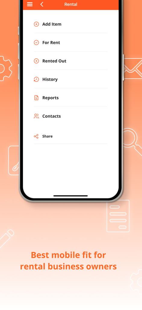 Rental Business Management App - Main menu of the Rental Business Management app on an iPhone showing options for tracking rented items and generating reports.