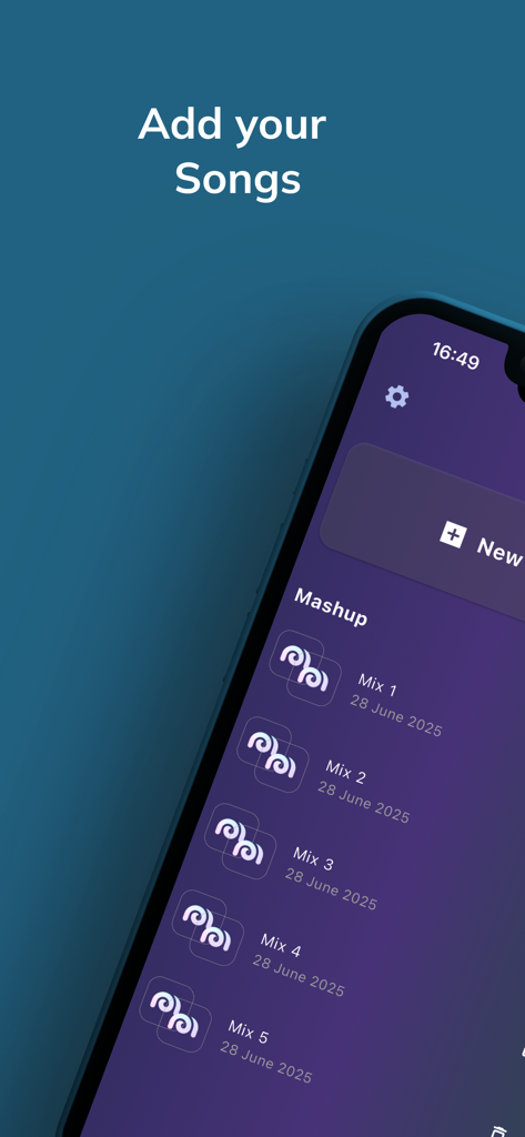 Mixy - Remix Maker - Screenshot of the Mixy app showing the song addition interface with a list of saved mashups