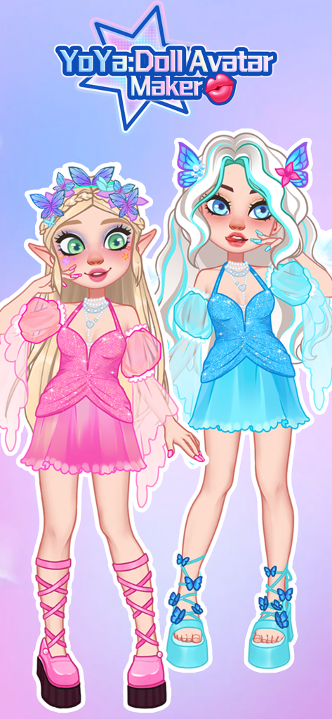 Two stylized fashion doll avatars in pink and blue dresses with butterfly hair accessories from the YoYa Doll Avatar Maker app