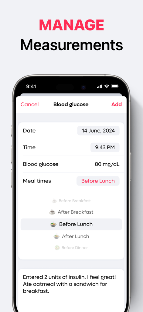 Blood Sugar & Glucose Tracking - Interface de aplicativo móvel para registrar níveis de glicose no sangue com campos para data, hora e horários das refeições
