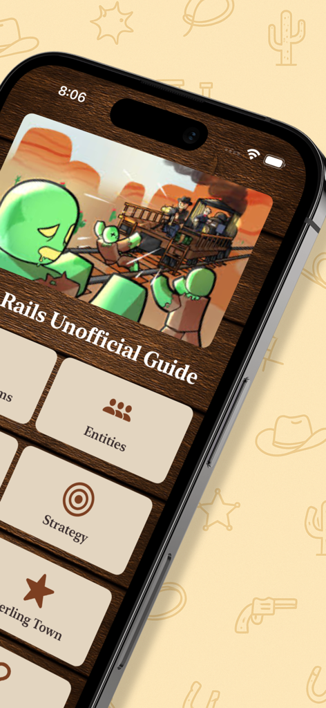 Dead Rails Guide – Unofficial - Menu principal do aplicativo Dead Rails Unofficial Guide mostrando categorias para Entidades e Estratégia em um iPhone.