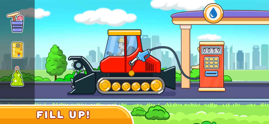 A cartoon construction truck being refueled at a gas station in a children educational game