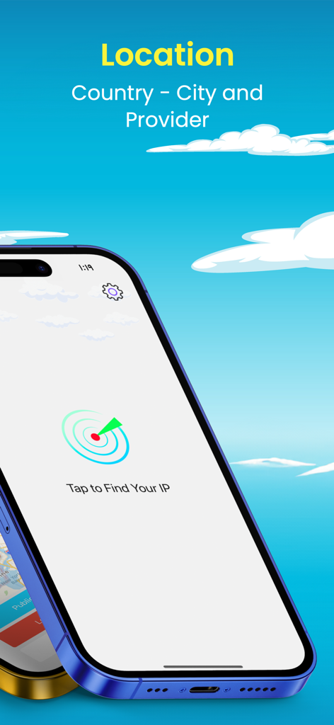 Interface de l'application Find My IP affichant le pays de localisation de l'appareil et les informations du fournisseur de réseau