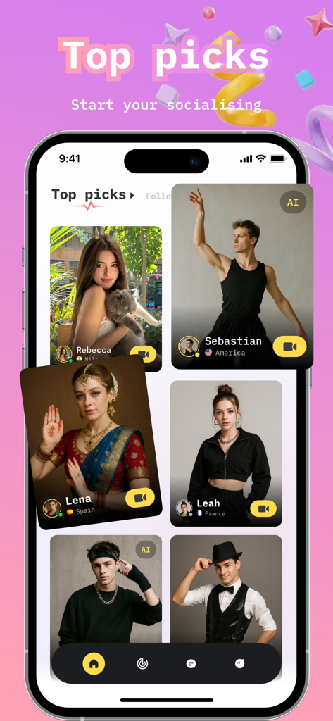 Dazz - Live Call, Video Chat - A smartphone screen displaying the Dazz app Top Picks interface with various user and AI profiles for video chat.
