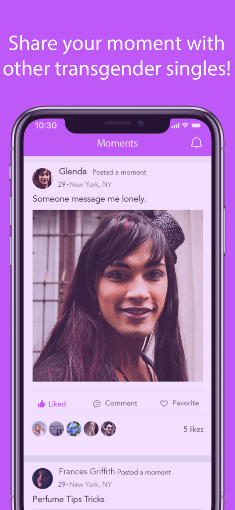 Trans - Transgender Dating - Mobiler Bildschirm der Trans Dating-App zeigt den sozialen Moments-Feed und Benutzerprofile
