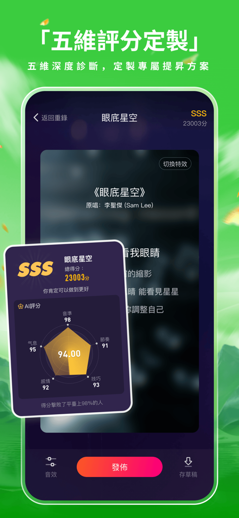 歡歌Live - 手機K歌就上歡歌 - Pantalla de la aplicación HuanGe Live que muestra una puntuación SSS y un gráfico de análisis de IA multidimensional para una actuación de canción de karaoke.