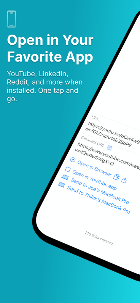 Clean Links - QR Code Reader - Clean Links app interface showing options to open a cleaned URL in a native app like YouTube or send it to a connected MacBook Pro.