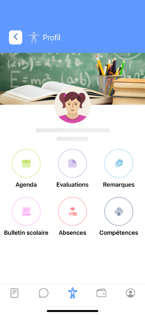 C.S.A. - Student profile dashboard in the CSA app featuring icons for agenda, evaluations, remarks, and report cards.