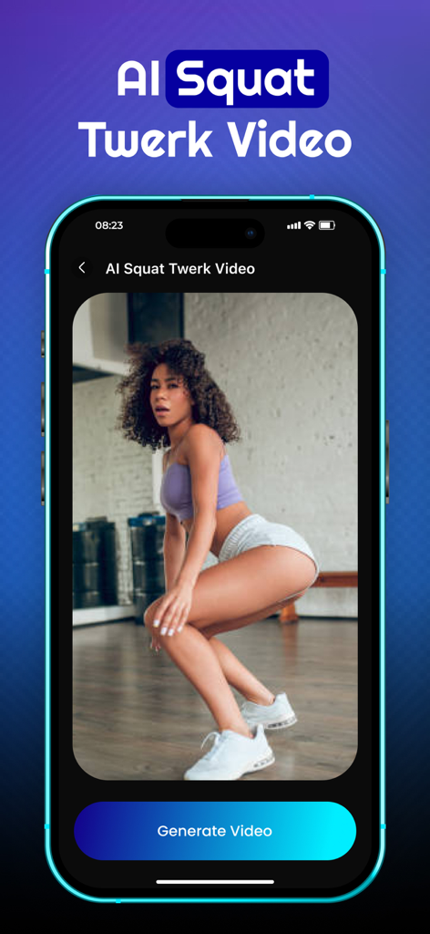 Twerk Video Generator: Twerky - Capture d'écran de l'application Twerky montrant l'outil de création vidéo AI squat twerk
