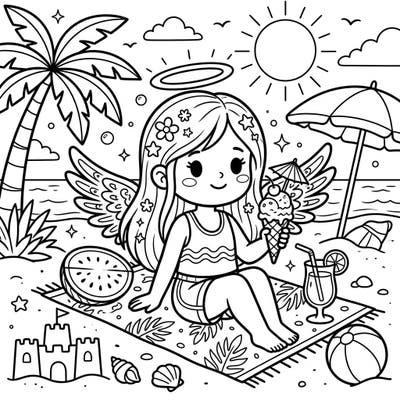 Join a sweet guardian angel for a delightful summer vacation on a sunny beach. This charming coloring page features an angel enjoying ice cream, sandcastles, and tropical vibes, ready for your creative touch.