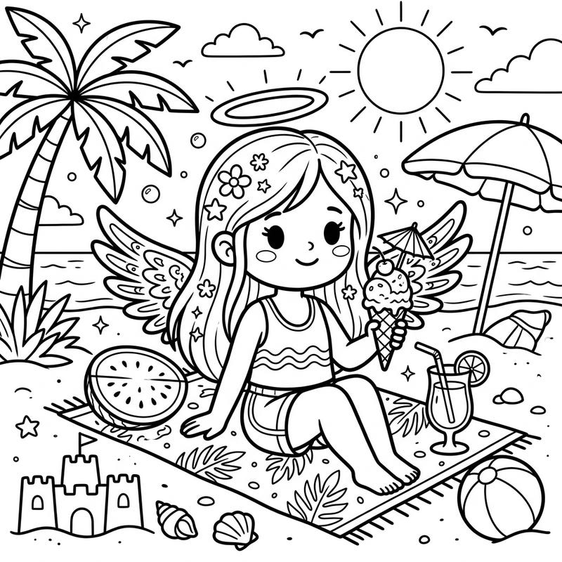 Join a sweet guardian angel for a delightful summer vacation on a sunny beach. This charming coloring page features an angel enjoying ice cream, sandcastles, and tropical vibes, ready for your creative touch.