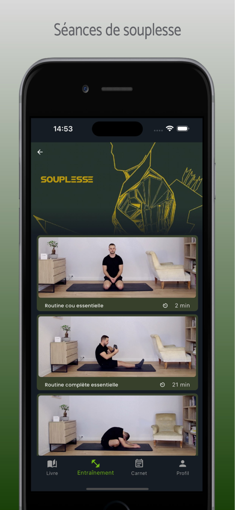 Méthode Lafay 2A - Methode Lafay 2A app screen showing flexibility routines and instructional videos