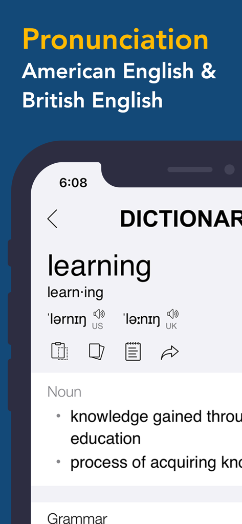 Dictionary & Translator - 辞書と翻訳アプリの画面に、学習という単語のアメリカ英語とイギリス英語の発音と音訳が表示されています