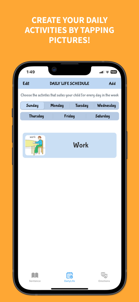Help me talk - Speech Therapy - Daily life schedule interface in the Help me talk app for creating visual activity routines