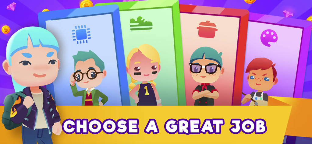 Idle Life Sim - Simulator Game - Des avatars cartoon représentant différentes voies professionnelles comme artiste, chef, athlète et technicien dans Idle Life Sim