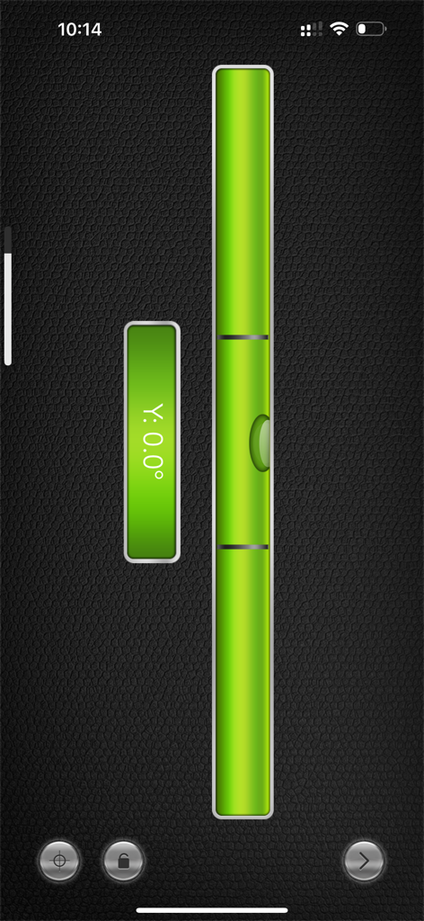 Vertical bubble level app interface showing zero point zero degrees on a dark background