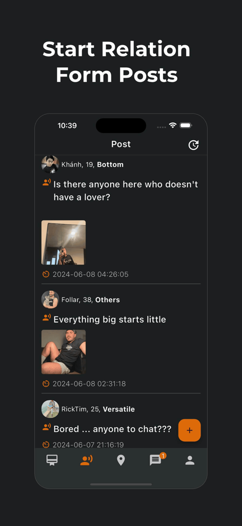 Boys 게이 데이트 앱에서 사진과 텍스트가 포함된 사용자 게시물을 보여주는 커뮤니티 피드.