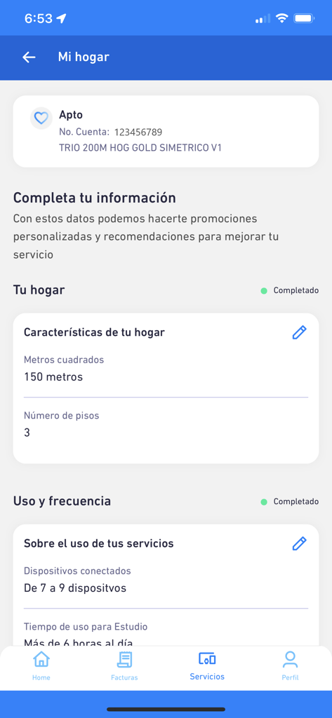 Mi ETB - Interface de l'application Mi ETB montrant les détails du compte domestique et la fréquence d'utilisation des services