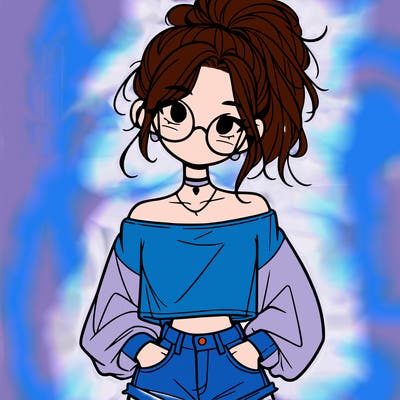 girl with a messy ponytail glasses a baggy crop top and jean shorts