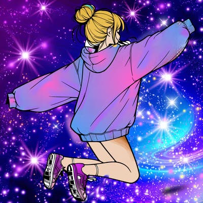 realistic girl jumping with a bun and oversized sweatshirt
