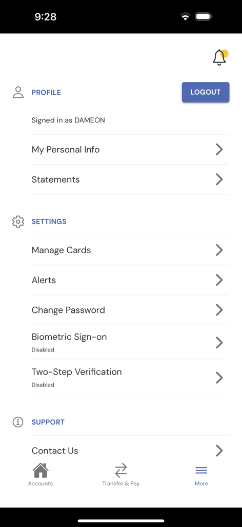 JPCCU iLink - JPCCU iLink app settings menu showing profile information, security features like biometric login, and support options.