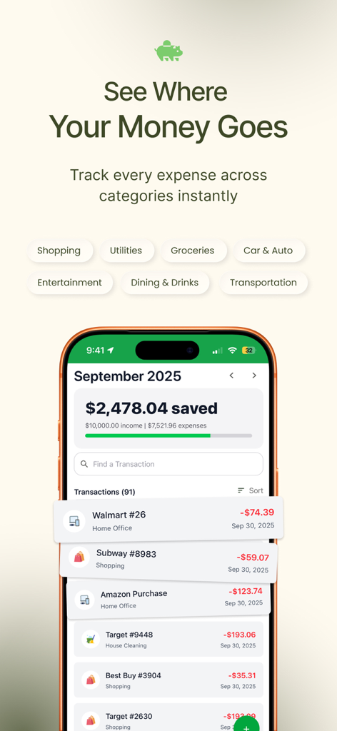 Smartphone screen showing the DollarWise app interface with monthly savings summary and categorized transaction list.