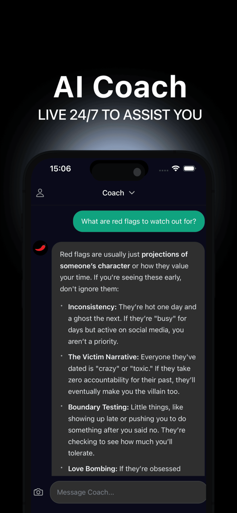 Sauce: Learn to Flirt - Sauce app AI coach interface explaining common dating red flags like inconsistency and love bombing.