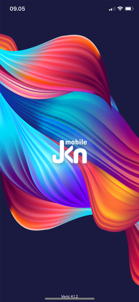 Mobile JKN - Logotipo do aplicativo Mobile JKN em uma tela de abertura abstrata e colorida