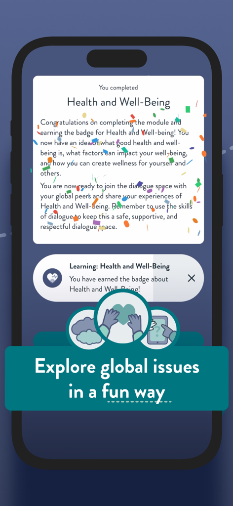 Generation Global - A mobile app interface from Generation Global celebrating the completion of a Health and Well-Being module with a digital badge.