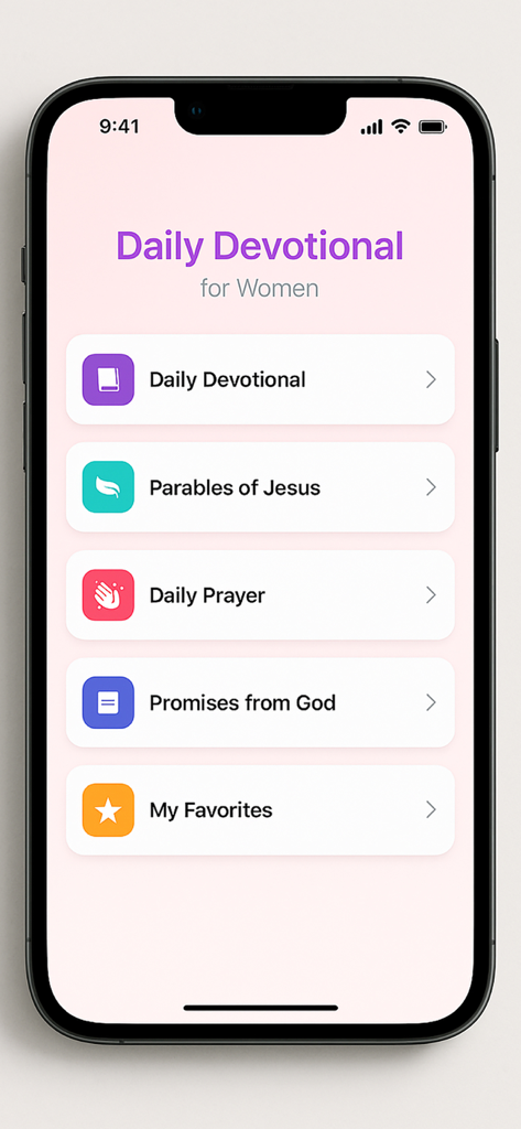 Interface principal do aplicativo Devocional Diário Para Mulheres com opções de oração diária e escritura.