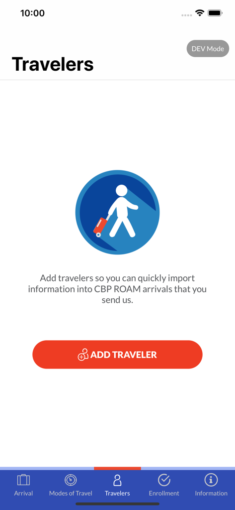 Interface of the CBP ROAM app showing the travelers screen with a button to add new traveler profiles for streamlined reporting.