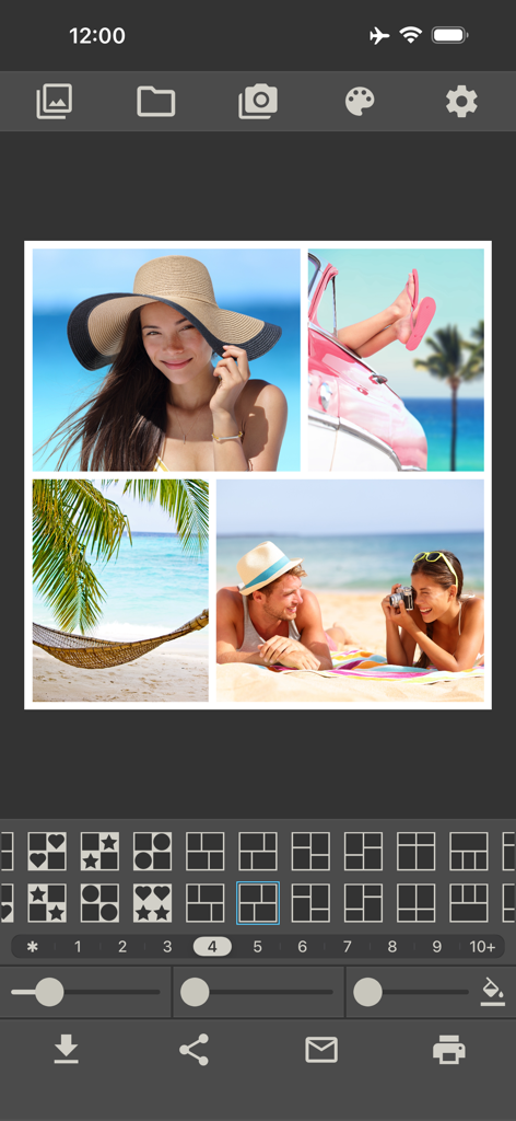 Photo Collage Make & Print PRO - Interfaz de la aplicación Photo Collage Make and Print PRO con un collage temático de playa y varias opciones de diseño de cuadrícula