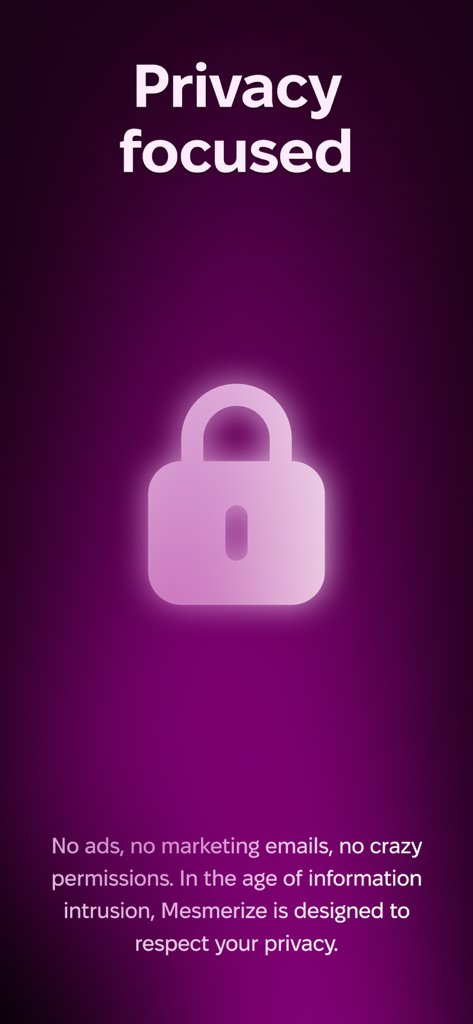 Mesmerize - Visual Meditation - A privacy focused screen from the Mesmerize meditation app with a glowing padlock icon