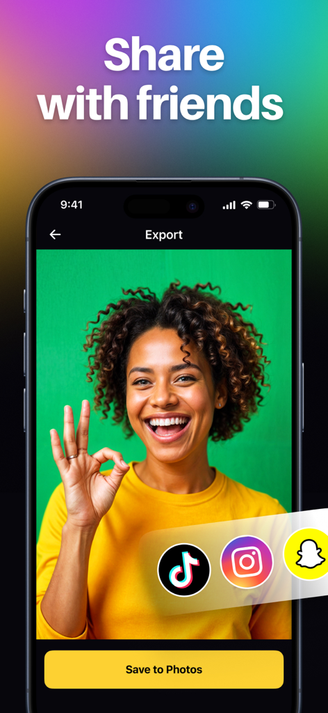 Crisp - AI Photo Enhancer - A smartphone screen from the Crisp AI Photo Enhancer app showing an export page with sharing options for TikTok, Instagram, and Snapchat.