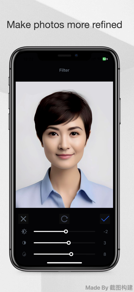 Passport Photo - IDPhoto4You - Pantalla de smartphone que muestra herramientas de ajuste de fotos para una foto de pasaporte