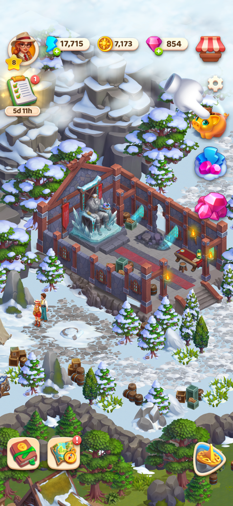 Olivia's Mysteries - A snowy mountain scene in Olivia's Mysteries showing a ruined building with an ice statue and character exploration.