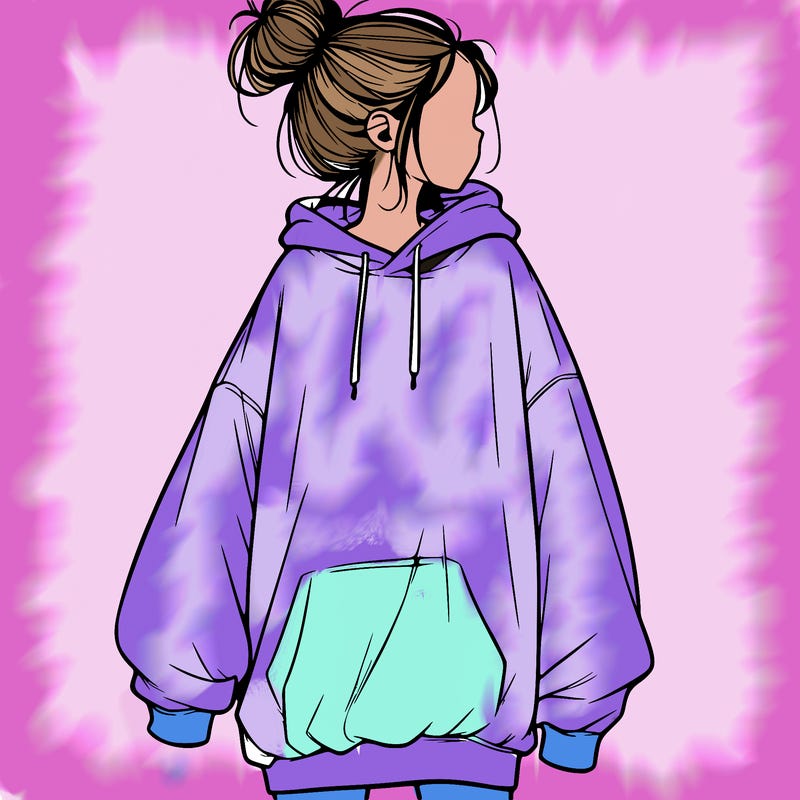 realistic girl with a oversized sweatshirt on and a bun