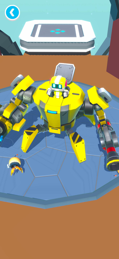 Little Robot ! - A small white robot piloting a large yellow mechanical suit on a blue platform.