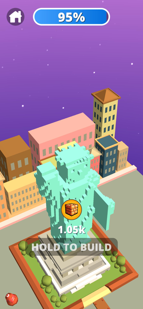 Merge and Dig - Gameplay di Merge and Dig che mostra la costruzione di una Statua della Libertà voxel al novantacinque percento di completamento.